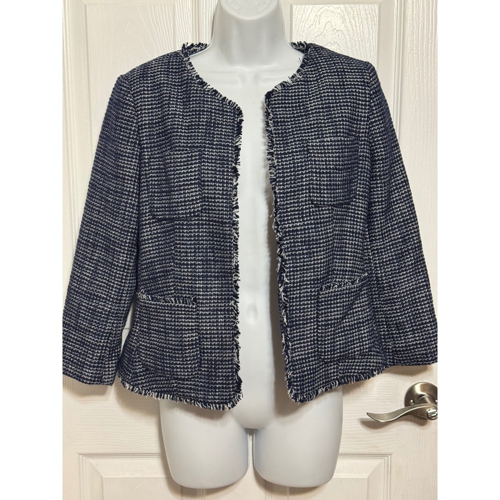 Banana Republic Navy White Tweed Fringe Jacket Blazer 4P Petite 2014